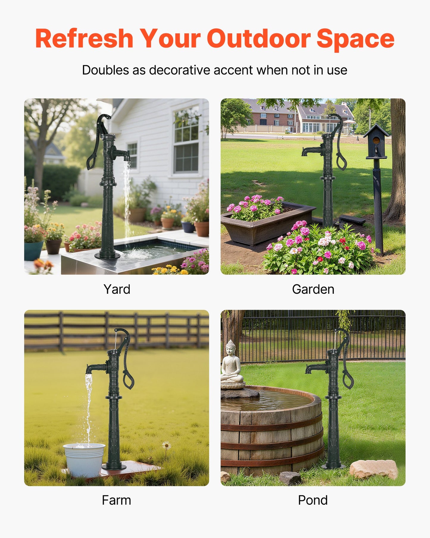 Brunnshandpump, 6 meter maxlyft, manuell handvattenpump i antik gjutjärn med höjningsbas, NPT 3,5 mm anslutning, enkel installation, för utomhusträdgård, damm, gård, gård, grönområden