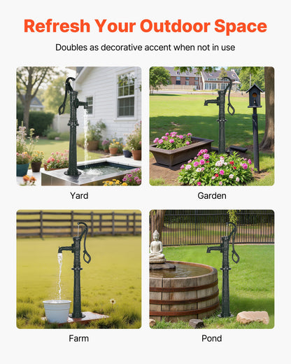 Brunnshandpump, 6 meter maxlyft, manuell handvattenpump i antik gjutjärn med höjningsbas, NPT 3,5 mm anslutning, enkel installation, för utomhusträdgård, damm, gård, gård, grönområden