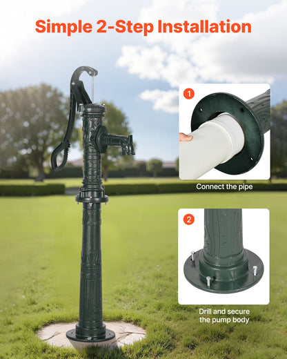 Brunnshandpump, 6 meter maxlyft, manuell handvattenpump i antik gjutjärn med höjningsbas, NPT 3,5 mm anslutning, enkel installation, för utomhusträdgård, damm, gård, gård, grönområden