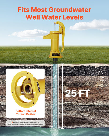 Brunnshandpump, 25 fot maximal lyfthöjd, antik gjutjärnsmanuell handvattenpump, NPT 1-1/4 tums anslutning, enkel installation, gammaldags för utomhusträdgård, damm, bakgård, gård, gul