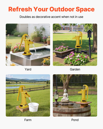 Brunnshandpump, 25 fot maximal lyfthöjd, antik gjutjärnsmanuell handvattenpump, NPT 1-1/4 tums anslutning, enkel installation, gammaldags för utomhusträdgård, damm, bakgård, gård, gul