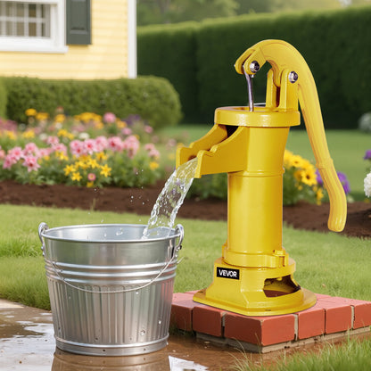 Brunnshandpump, 25 fot maximal lyfthöjd, antik gjutjärnsmanuell handvattenpump, NPT 1-1/4 tums anslutning, enkel installation, gammaldags för utomhusträdgård, damm, bakgård, gård, gul