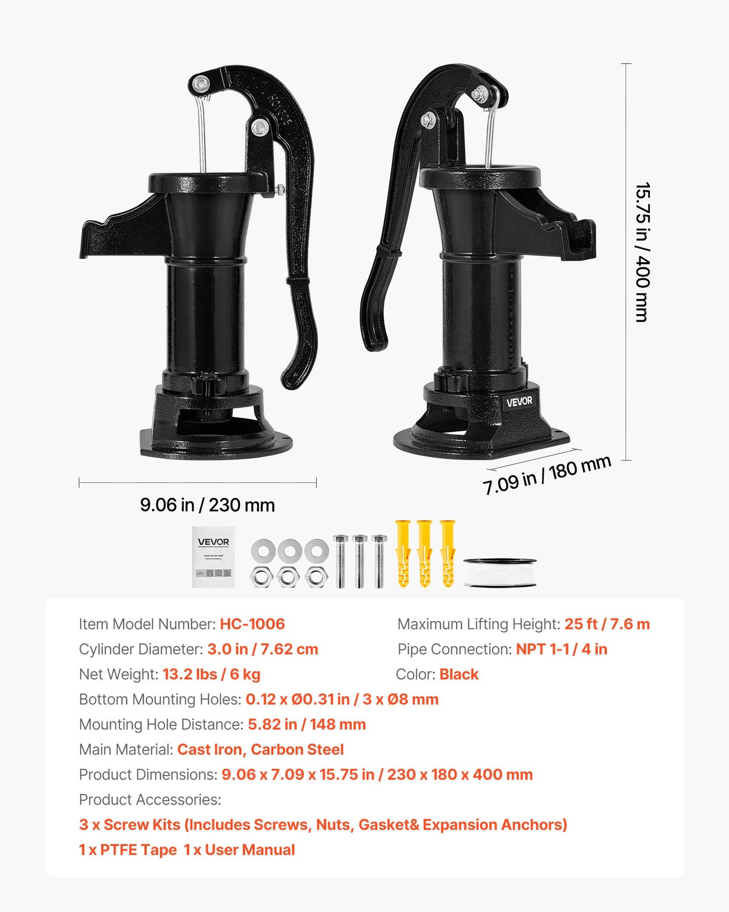 Brunnshandpump, 25 fot maximal lyfthöjd, manuell handvattenpump i antik gjutjärn, NPT 1-1/4 tums anslutning, enkel installation, gammaldags för utomhusträdgård, damm, bakgård, gård, svart