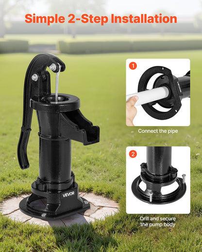 Brunnshandpump, 25 fot maximal lyfthöjd, manuell handvattenpump i antik gjutjärn, NPT 1-1/4 tums anslutning, enkel installation, gammaldags för utomhusträdgård, damm, bakgård, gård, svart