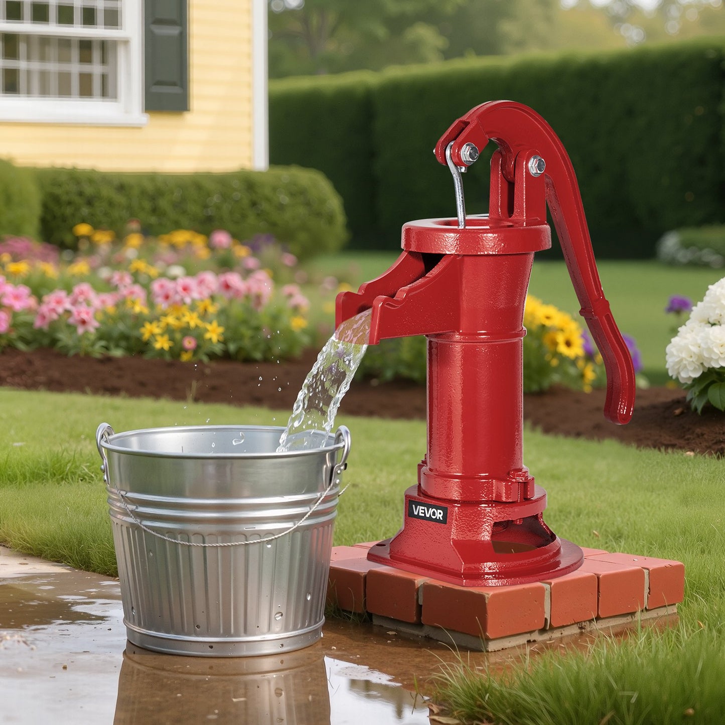 Brunnshandpump, 25 fot maximal lyfthöjd, manuell handvattenpump i antik gjutjärn, NPT 1-1/4 tums anslutning, enkel installation, gammaldags för utomhusträdgård, damm, bakgård, gård, röd
