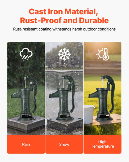 Brunnshandpump, 25 fot maximal lyfthöjd, manuell handvattenpump i antik gjutjärn, NPT 1-1/4 tums anslutning, enkel installation, gammaldags för utomhusträdgård, damm, bakgård, gård, grön