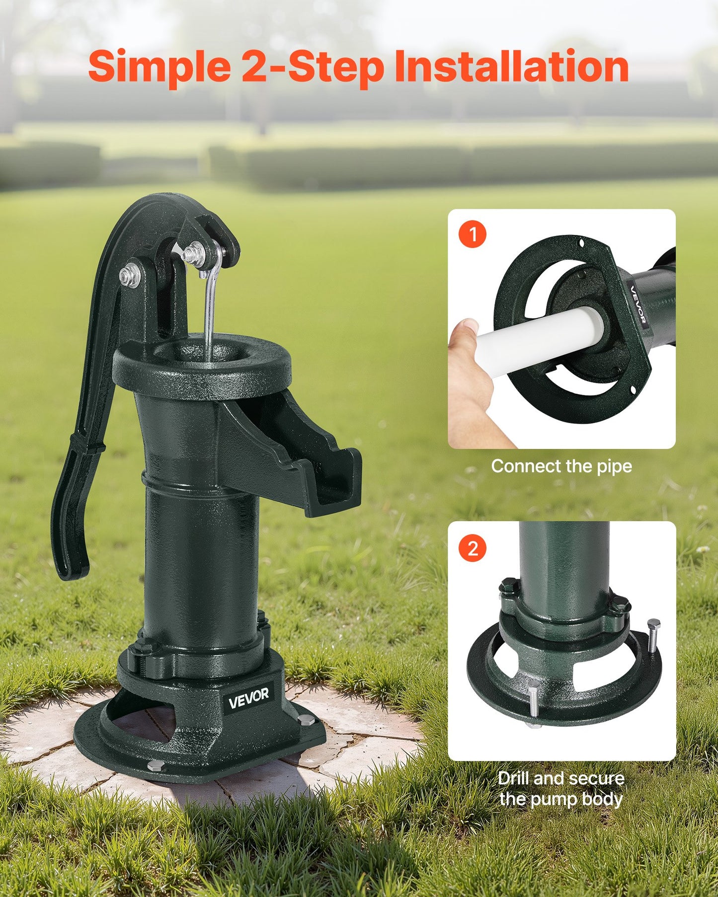 Brunnshandpump, 25 fot maximal lyfthöjd, manuell handvattenpump i antik gjutjärn, NPT 1-1/4 tums anslutning, enkel installation, gammaldags för utomhusträdgård, damm, bakgård, gård, grön