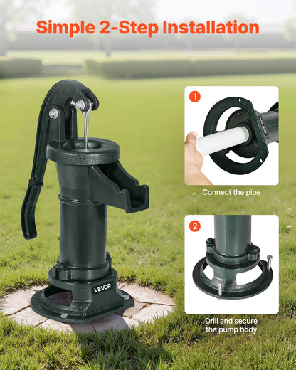 Brunnshandpump, 25 fot maximal lyfthöjd, manuell handvattenpump i antik gjutjärn, NPT 1-1/4 tums anslutning, enkel installation, gammaldags för utomhusträdgård, damm, bakgård, gård, grön