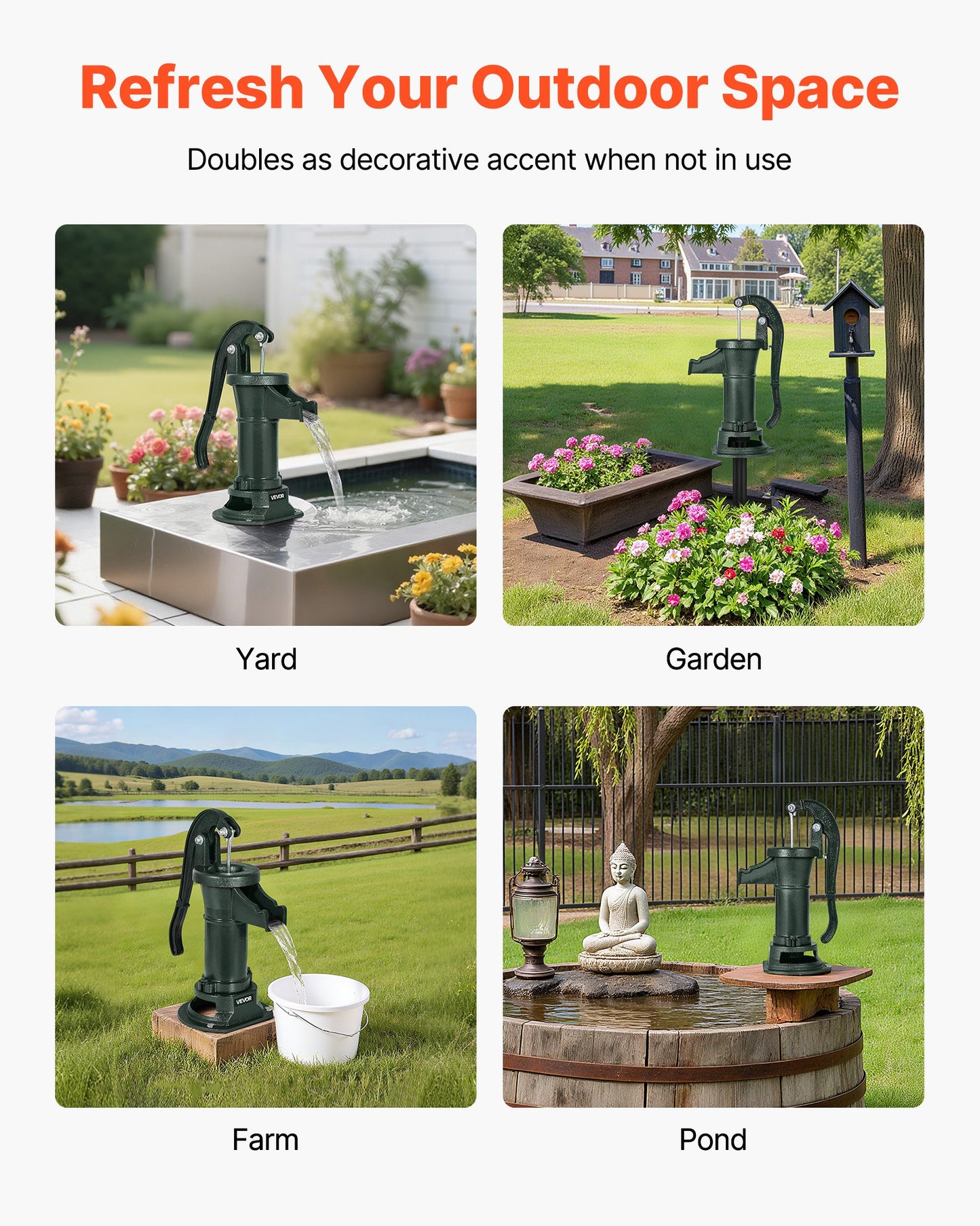 Brunnshandpump, 25 fot maximal lyfthöjd, manuell handvattenpump i antik gjutjärn, NPT 1-1/4 tums anslutning, enkel installation, gammaldags för utomhusträdgård, damm, bakgård, gård, grön