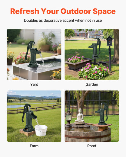 Brunnshandpump, 25 fot maximal lyfthöjd, manuell handvattenpump i antik gjutjärn, NPT 1-1/4 tums anslutning, enkel installation, gammaldags för utomhusträdgård, damm, bakgård, gård, grön