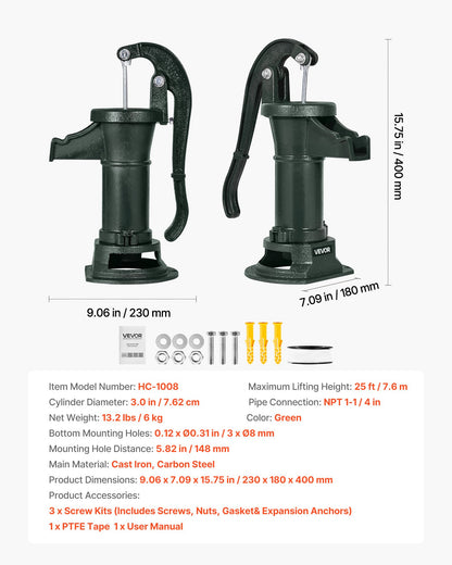 Brunnshandpump, 25 fot maximal lyfthöjd, manuell handvattenpump i antik gjutjärn, NPT 1-1/4 tums anslutning, enkel installation, gammaldags för utomhusträdgård, damm, bakgård, gård, grön