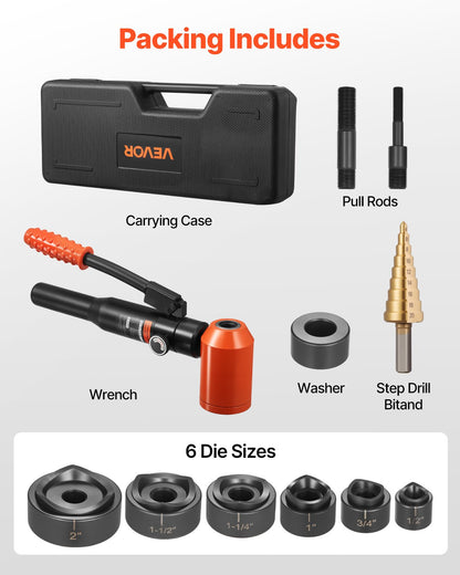 Knockout Punch Set, 98.07 kN Hydraulic Knockout Set, 12.7 to 50.8mm KO Tool Kit Hole Making Tool, KO Tools Kit W/6 Dies for Metal Electrical Cabinets, Electrical Control Cabinets, Switch Cabinet