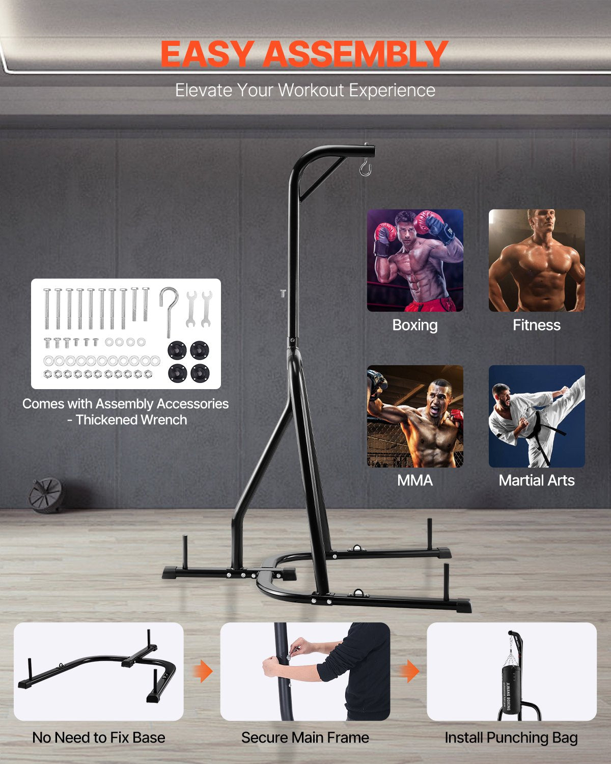 Punching Bag Stand, Steel Heavy Duty Workout Equipment, Boxing Punching Bag Stand, Holds Up to 140 lbs, Freestanding Sandbag Rack with Weighted Base, Training Equipment for Home Gym Fitness