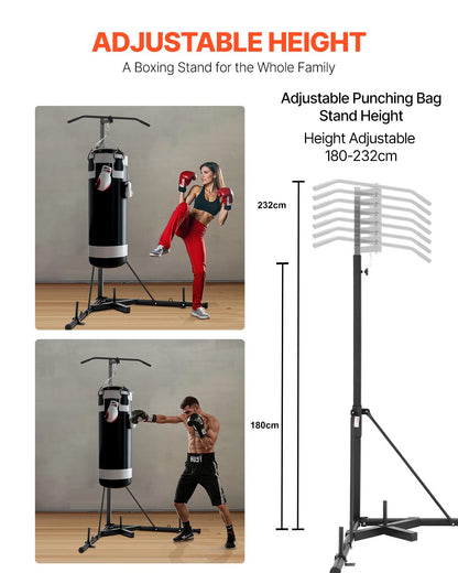 2 in 1 Punching Bag Stand, Steel Heavy Duty Workout Equipment, Adjustable Height Boxing Punching Bag Stand with Pull Up Bar, Freestanding Sandbag Rack, Holds Up to 140 lbs, for Home Gym Fitness