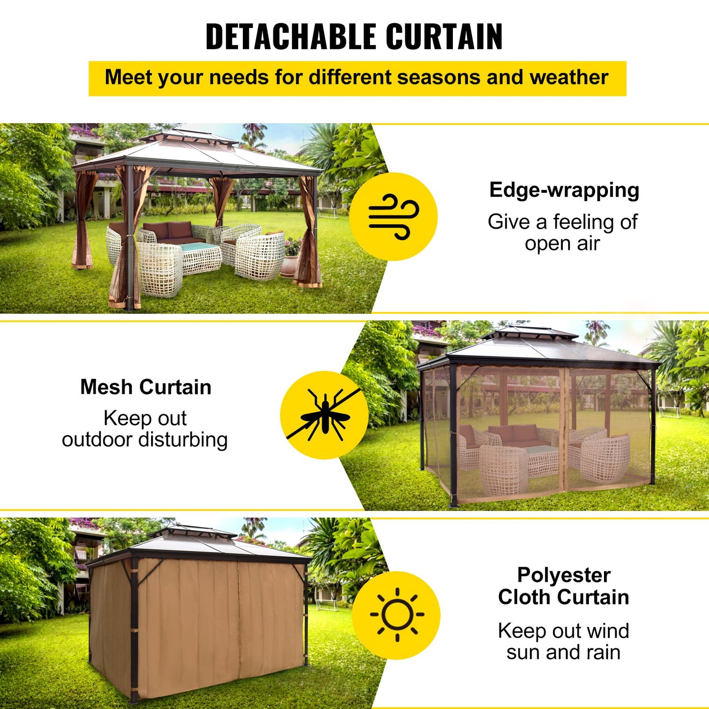 Patio Gazebo 10x12ft Hardtop Gazebo Gazebo with Mosquito Netting Outdoor Gazebo Patio Tent Garden Winds Replacement Canopy Double Tier Roof Canopy Gazebos For Patios Garden Home Lawn Brown