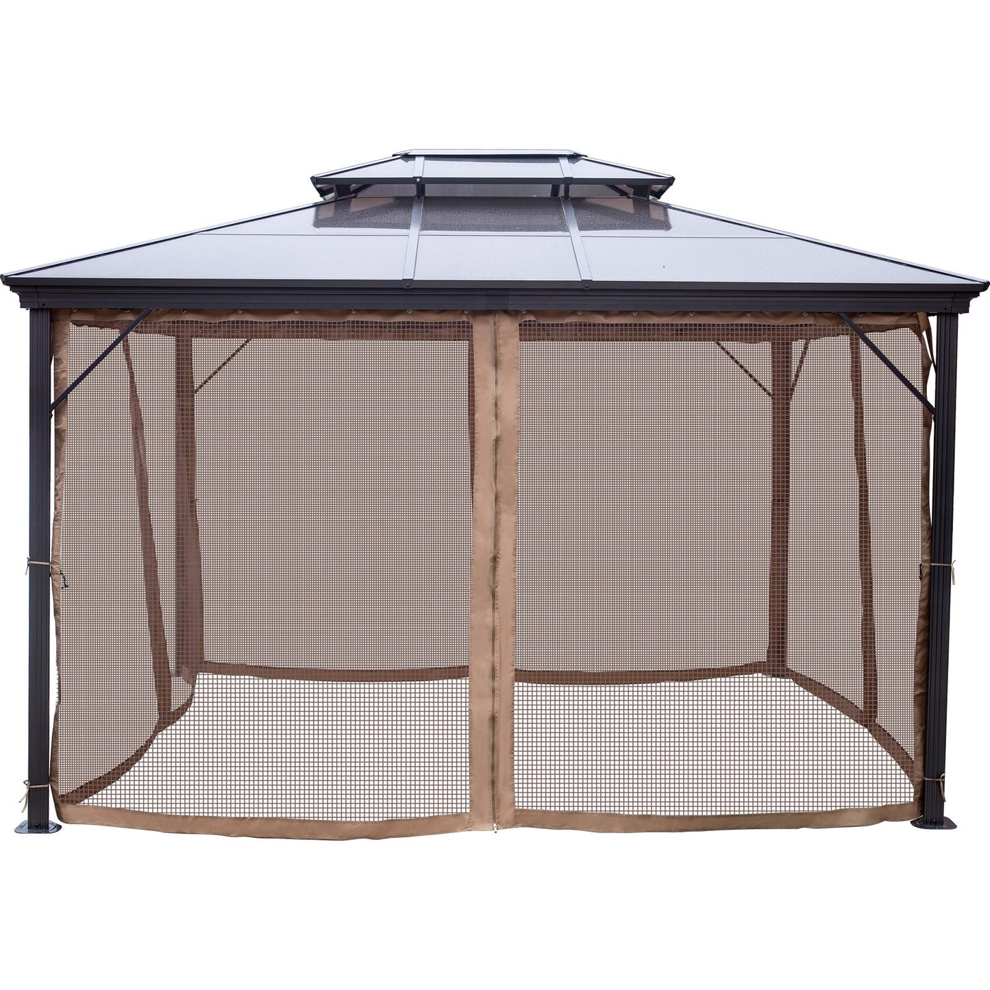 Patio Gazebo 10x12ft Hardtop Gazebo Gazebo with Mosquito Netting Outdoor Gazebo Patio Tent Garden Winds Replacement Canopy Double Tier Roof Canopy Gazebos For Patios Garden Home Lawn Brown