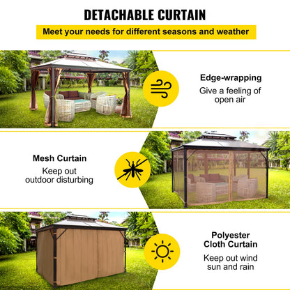 Paviljong 10x10ft Paviljong med hårt tak Paviljong med myggnät Utomhuspaviljong Terrasstält Trädgårdsvind Ersättningstak Dubbelskiktad Taktak Paviljonger För Uteplatser Trädgård Hem Gräsmatta Brun