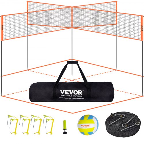 4-Way Volleyball Net, Adjustable Height Badminton Net Set for Backyard Beach Lawn, Outdoor Portable Volleyball Net with Carrying Bag, 4 Square Quick Assemble Game Set For Kids And Adults