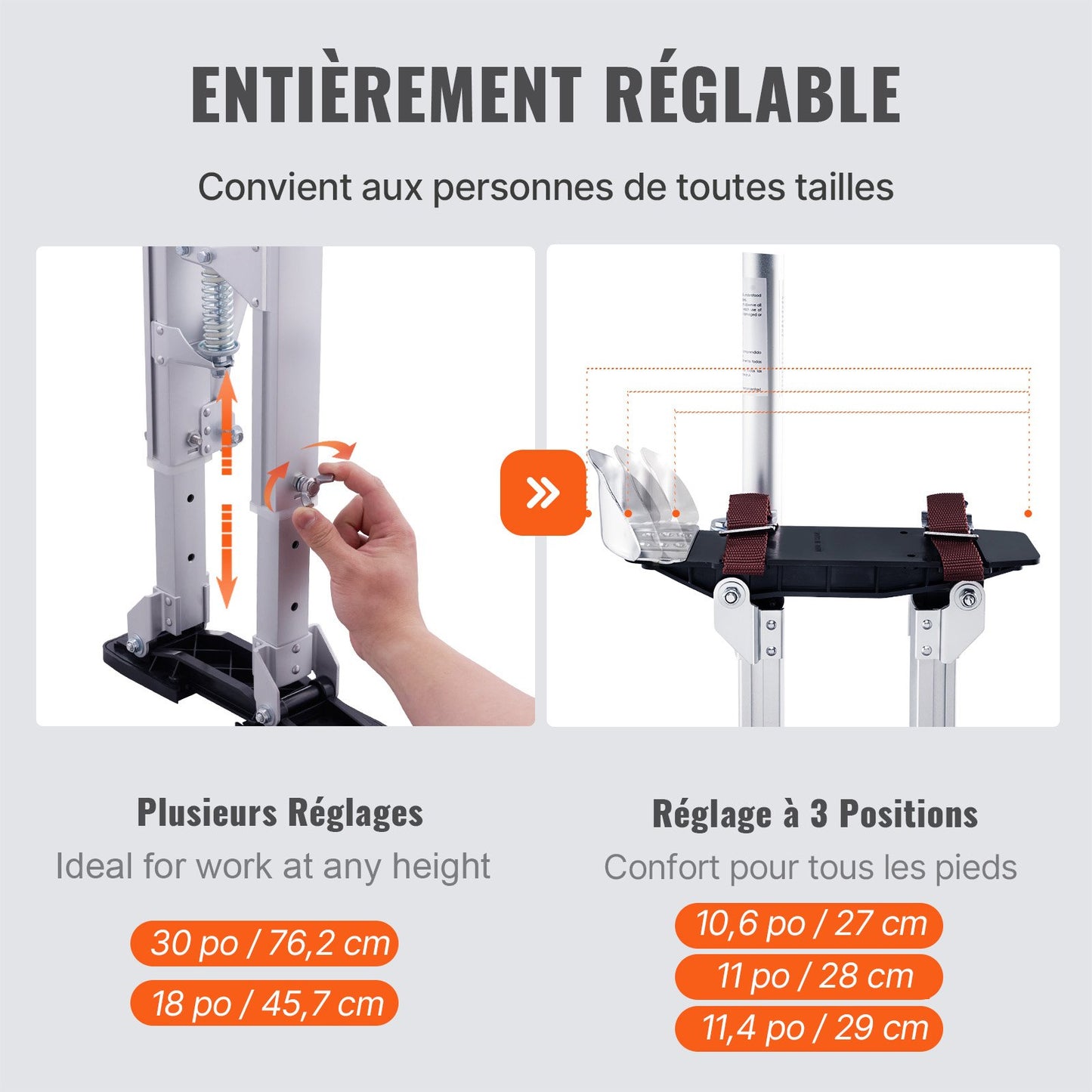 Drywall Stilts, 46 cm-76 cm Adjustable Aluminum Tool Stilts with Protective Knee Pads, Durable and Non-slip Work Stilts for Sheetrock Painting, Walking, Taping, Silver