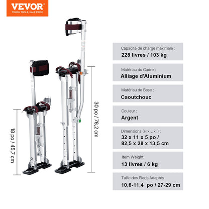 Drywall Stilts, 46 cm-76 cm Adjustable Aluminum Tool Stilts with Protective Knee Pads, Durable and Non-slip Work Stilts for Sheetrock Painting, Walking, Taping, Silver