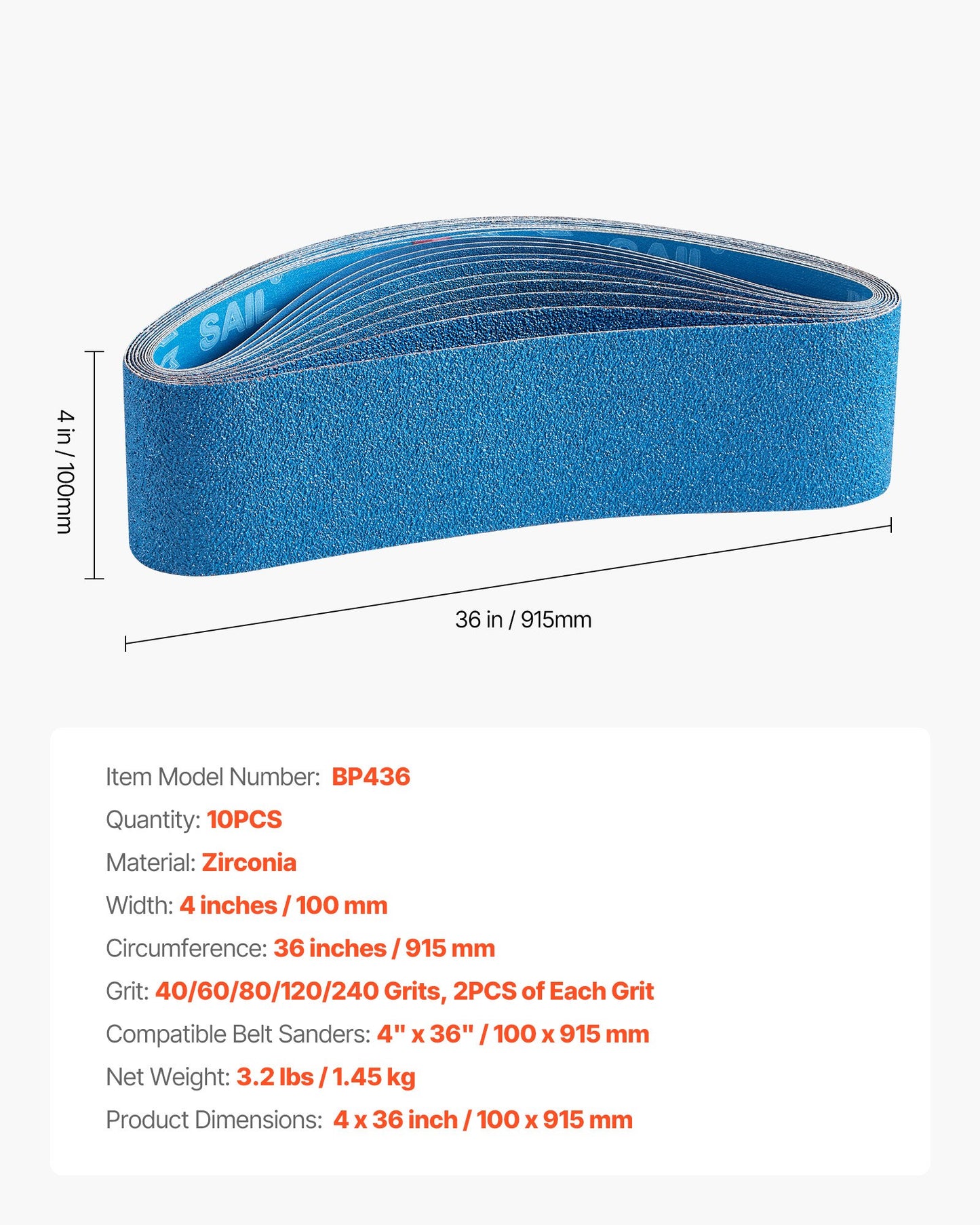 Sanding Belts, 100 x 915mm Belt Sander Sanding Belts, 10PCS (2 of Each 40 60 80 120 240 Grits) Zirconia for Knife Sharpening, Metal Polishing, Stainless Steel, Nickel Alloy Finishing