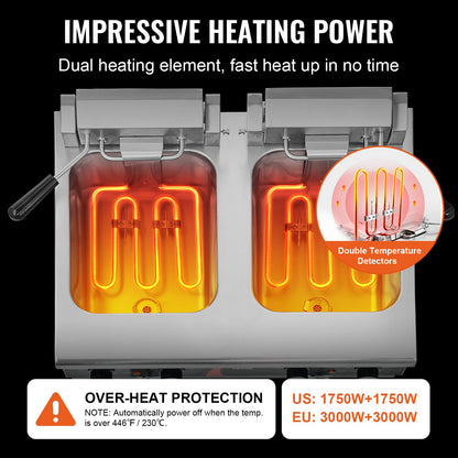 Kommersiell fritös, elektrisk bänkfritös med dubbla tankar, 3500W, 2 x 9Qt / 8,5L dubbeloljefritös med 2 korgar, 1 mm förtjockat rostfritt stål, tids- och temperaturkontroll, för köksrestaurangbruk