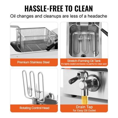 Kommersiell fritös, elektrisk bänkfritös med dubbla tankar, 3500W, 2 x 9Qt / 8,5L dubbeloljefritös med 2 korgar, 1 mm förtjockat rostfritt stål, tids- och temperaturkontroll, för köksrestaurangbruk