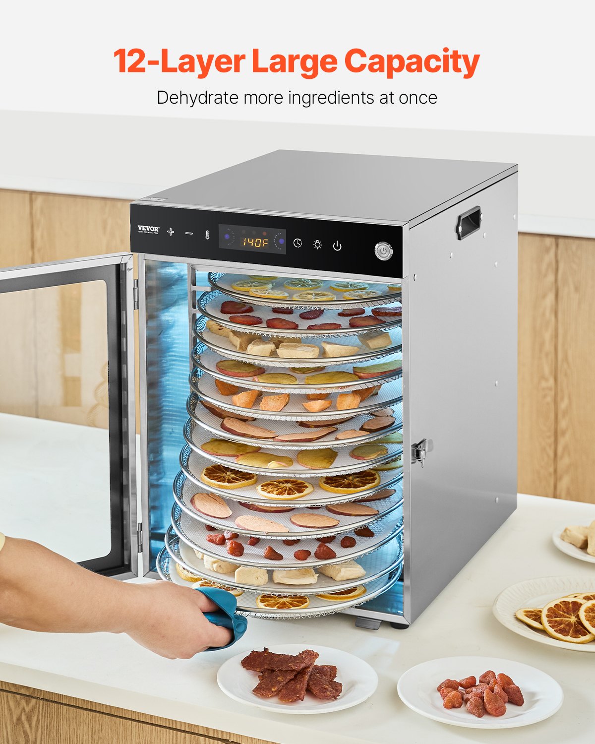 Roterande torkmaskin för livsmedel, 12 brickor i rostfritt stål, 800W elektrisk torktumlare med justerbar temperatur och 24-timmars timer, frystork för jerky, kött, frukt, grönsaker, örter, hundgodis