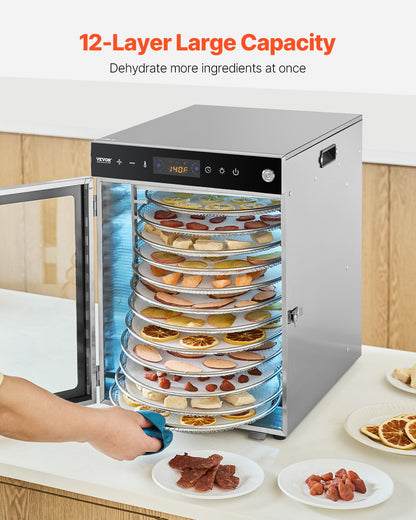 Roterande torkmaskin för livsmedel, 12 brickor i rostfritt stål, 800W elektrisk torktumlare med justerbar temperatur och 24-timmars timer, frystork för jerky, kött, frukt, grönsaker, örter, hundgodis