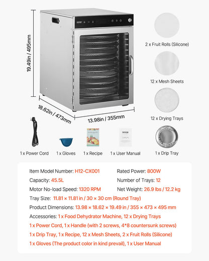 Roterande torkmaskin för livsmedel, 12 brickor i rostfritt stål, 800W elektrisk torktumlare med justerbar temperatur och 24-timmars timer, frystork för jerky, kött, frukt, grönsaker, örter, hundgodis