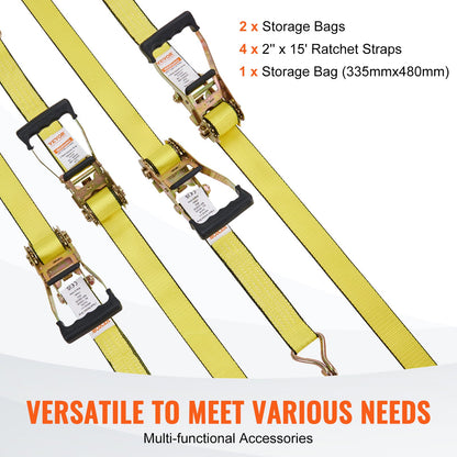 Ratchet Tie Down Straps (4PK), 5000 lb Break Strength, Double J Hook Includes 4 Premium 2" x 15' Rachet Tie Downs with Padded Handles, for Moving Securing Cargo, Appliances, Lawn Equipment