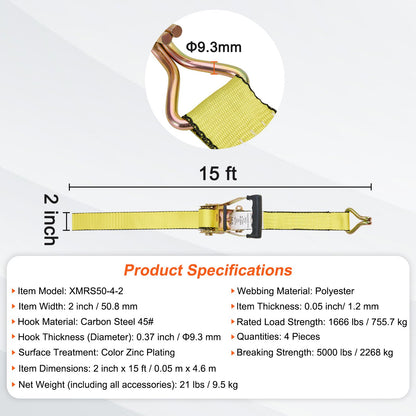 Ratchet Tie Down Straps (4PK), 5000 lb Break Strength, Double J Hook Includes 4 Premium 2" x 15' Rachet Tie Downs with Padded Handles, for Moving Securing Cargo, Appliances, Lawn Equipment