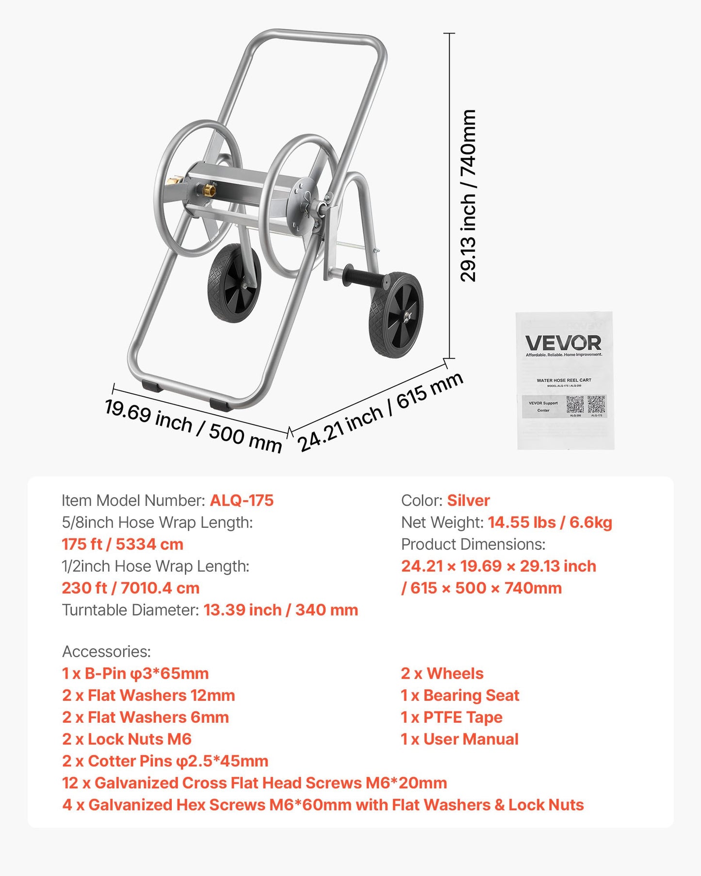Slangvagn, rymmer upp till 175 fot 5/8'' slang (slang ingår ej), trädgårdsvattenslangvagnar mobila verktyg med hjul, kraftig pulverlackerad stål utomhusplantering för trädgård, gård, gräsmatta