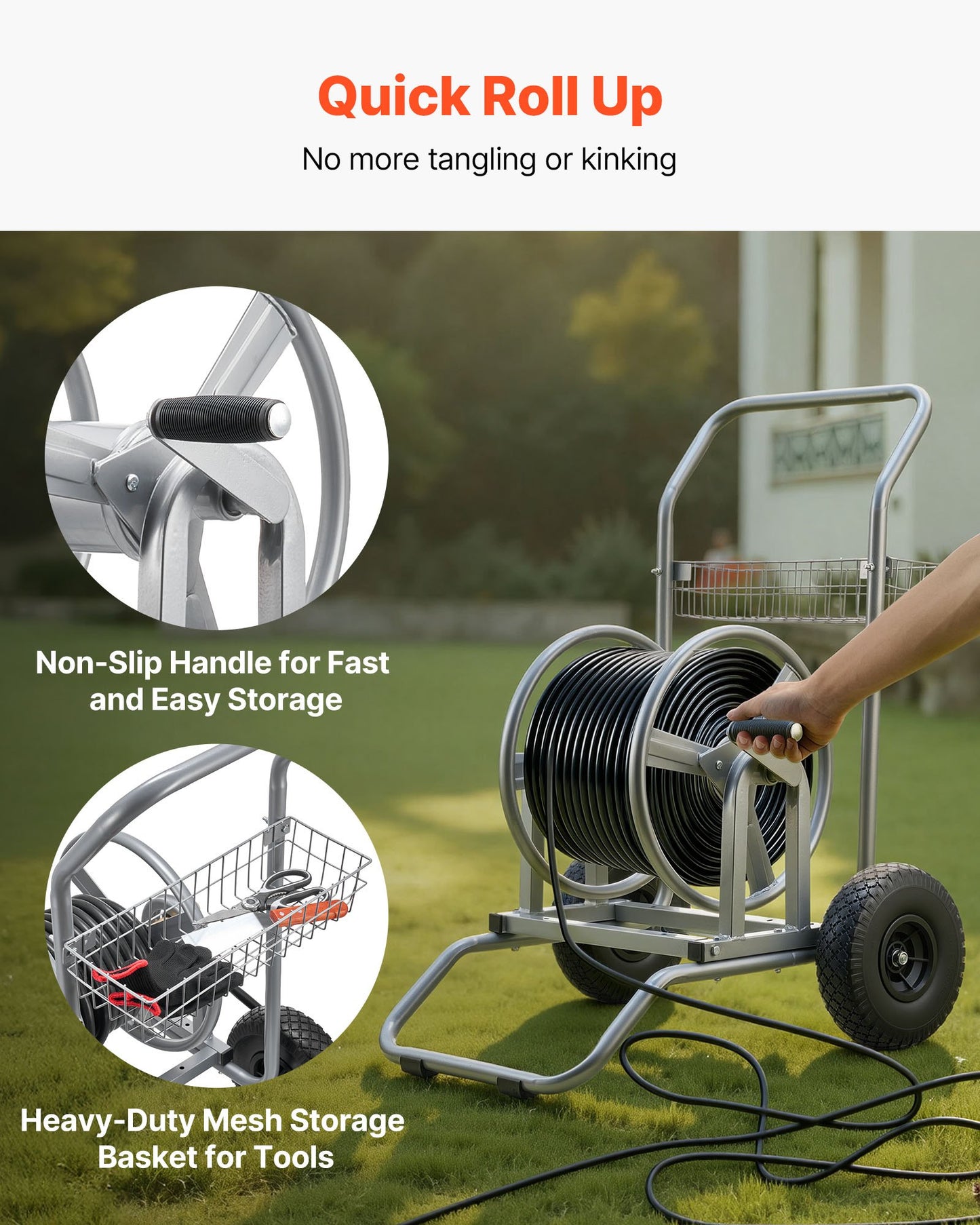 Water Hose Reel Cart, 6096/9144 cm High-Pressure Garden Hose Cart, Hoses Reel Carts with Two Wheels, Handle & Heavy-Duty Mesh Storage Basket, Dual-Purpose Portable Hoses Reels for Garden, Car