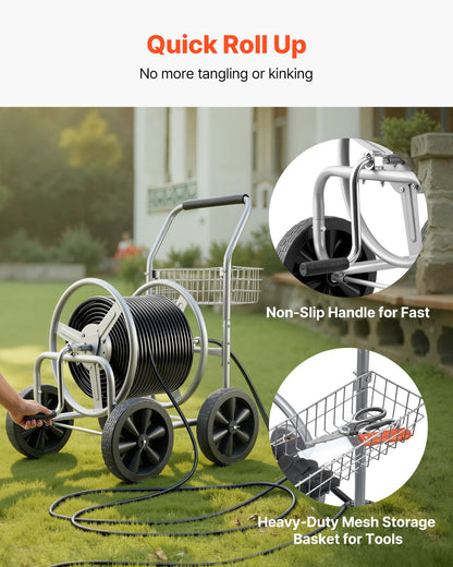 Hose Reel Cart, Hold Up to 91.44 m of 1.59 cm Hose, Garden Water Hose Carts Mobile Tools with 4 Wheels, Heavy Duty Powder-coated Steel Outdoor Planting with Storage Basket, for Garden, Yard, Lawn