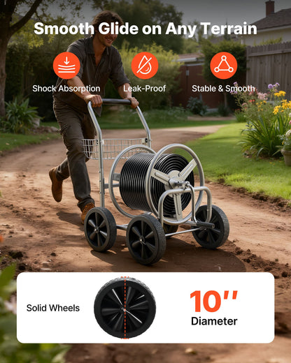 Hose Reel Cart, Hold Up to 91.44 m of 1.59 cm Hose, Garden Water Hose Carts Mobile Tools with 4 Wheels, Heavy Duty Powder-coated Steel Outdoor Planting with Storage Basket, for Garden, Yard, Lawn