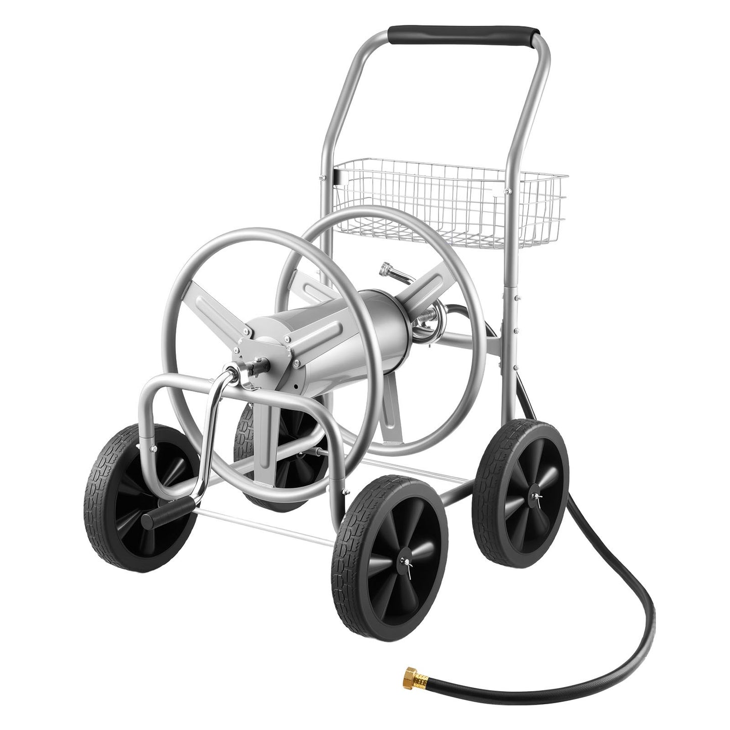 Hose Reel Cart, Hold Up to 91.44 m of 1.59 cm Hose, Garden Water Hose Carts Mobile Tools with 4 Wheels, Heavy Duty Powder-coated Steel Outdoor Planting with Storage Basket, for Garden, Yard, Lawn