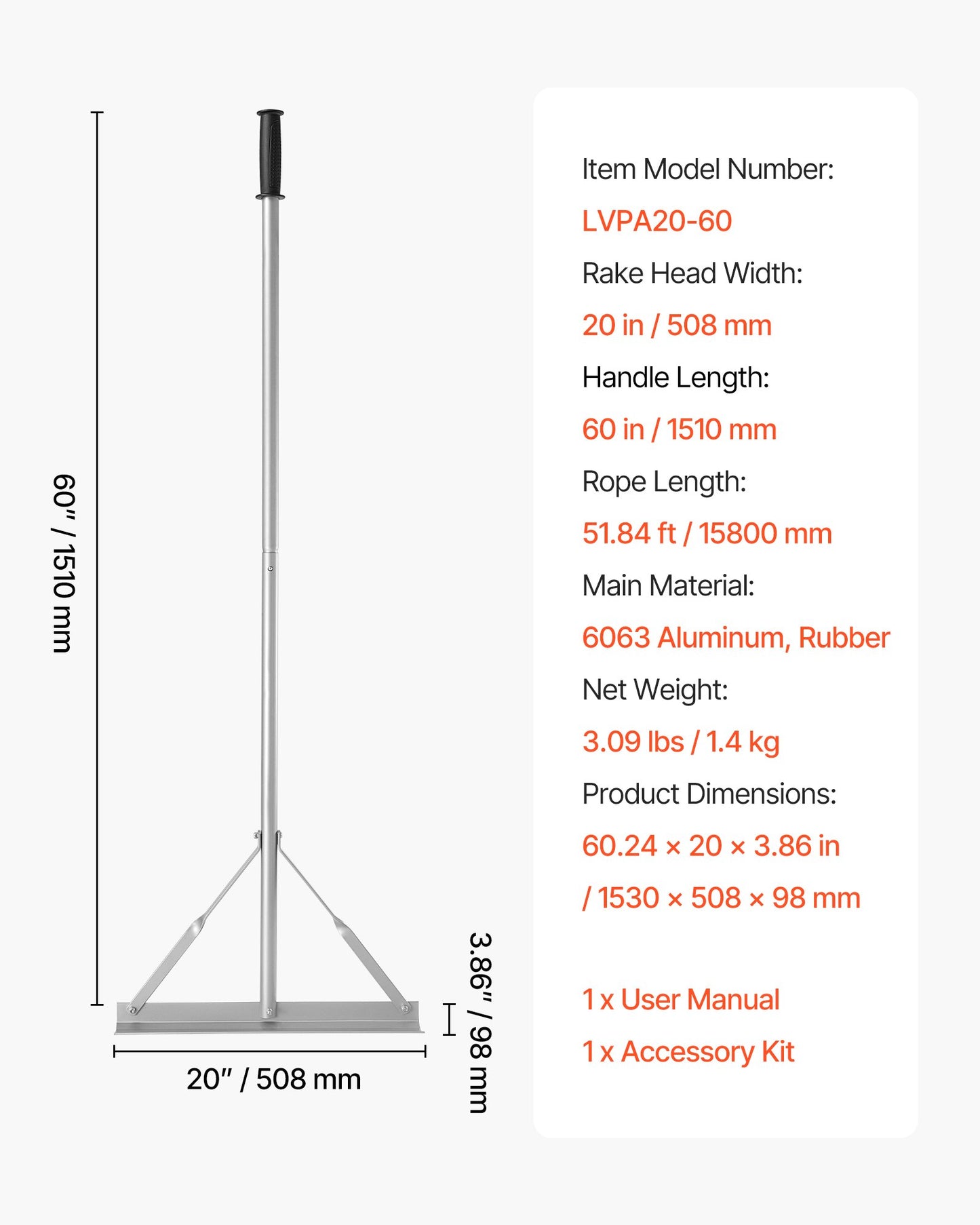 Landskapsräfsa, 1510 mm handtag, 508 mm brett huvud, stort och kraftigt vattenpass i aluminium, asfaltsräfsa för asfalt- och markutjämning, betongbeläggning, sandutjämning, inga tänder