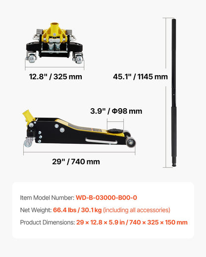 Domkraft, 3 tons lågprofilsdomkraft, racingdomkraft i aluminium och stål med dubbla kolvar, snabblyftpump, lyftområde för domkraft 90 mm-500 mm