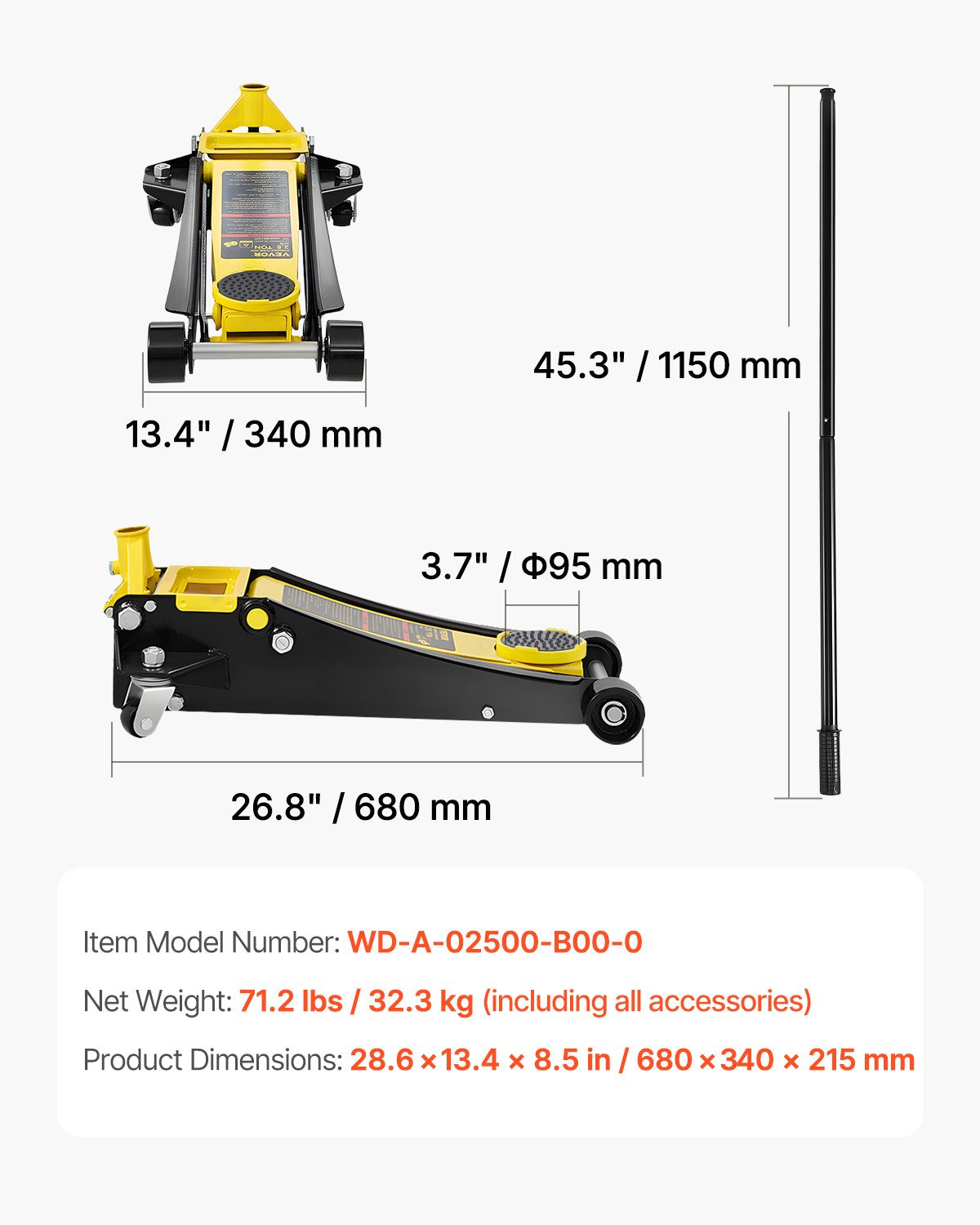 Floor Jack, 2.5 Ton Low Profile Floor Jack, Heavy-duty Steel Racing Floor Jack with Dual Pistons Quick Lift Pump, Floor Jack Lifting Range 3.64"-19.49"