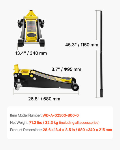 Floor Jack, 2.5 Ton Low Profile Floor Jack, Heavy-duty Steel Racing Floor Jack with Dual Pistons Quick Lift Pump, Floor Jack Lifting Range 3.64"-19.49"