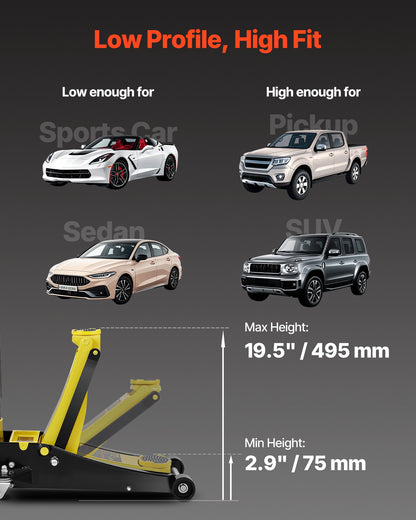 Floor Jack, 3 Ton Low Profile Floor Jack, Heavy-duty Steel Racing Floor Jack with Dual Pistons Quick Lift Pump, Floor Jack Lifting Range 3.35"-19.69"