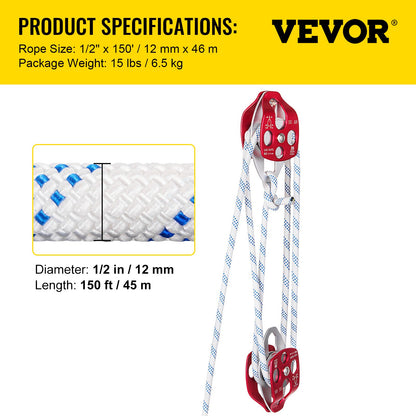 Twin Sheave Block and Tackle 12 mm 30.48-60.96 m Twin Sheave Block with Braid Rope 2993.5-3498.6 kg Double Pulley Rigging