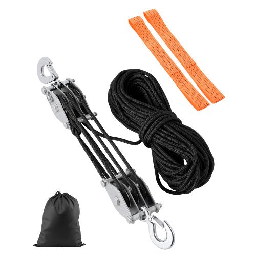 4400 lbs Breaking Strength 100 FT Rope Pulley Hoist, 5:1 Lifting Power Heavy Duty Pulley System with 2pcs Soft Loops, Metal Wheels Bearing Structure, Block and Tackle for Lifting Heavy Objects