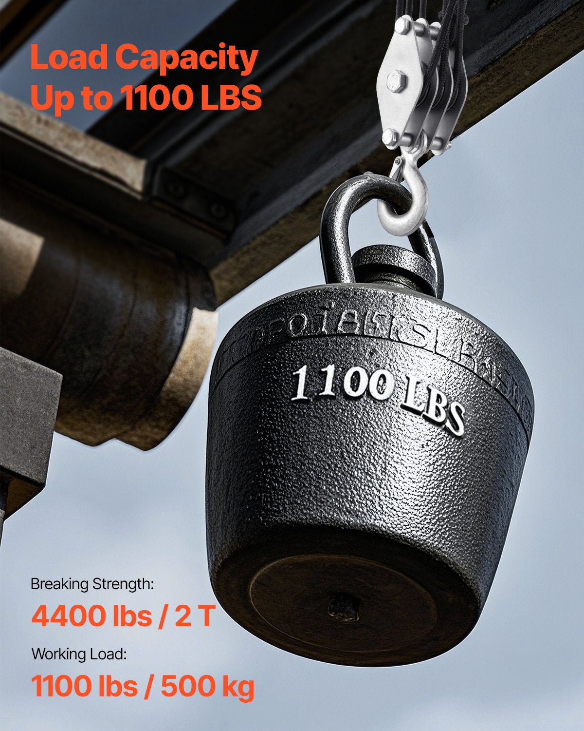 4400 lbs Breaking Strength 100 FT Rope Pulley Hoist, 5:1 Lifting Power Heavy Duty Pulley System with 2pcs Soft Loops, Metal Wheels Bearing Structure, Block and Tackle for Lifting Heavy Objects