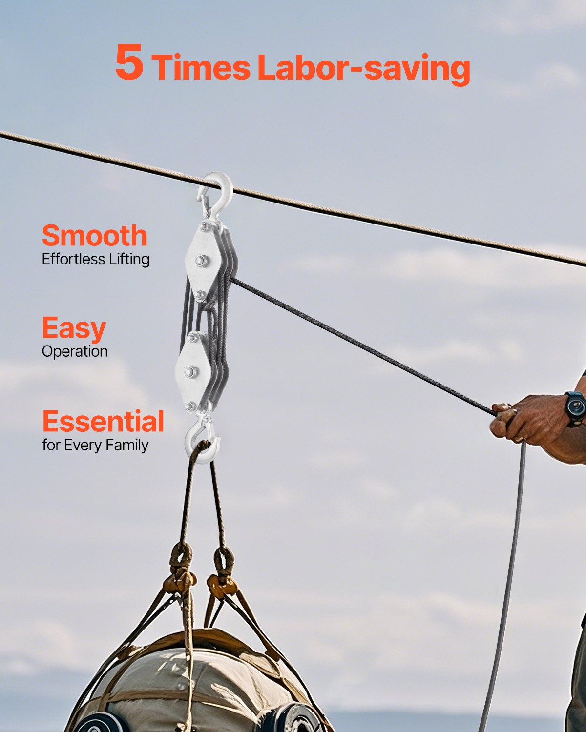 4400 lbs Breaking Strength 100 FT Rope Pulley Hoist, 5:1 Lifting Power Heavy Duty Pulley System with 2pcs Soft Loops, Metal Wheels Bearing Structure, Block and Tackle for Lifting Heavy Objects