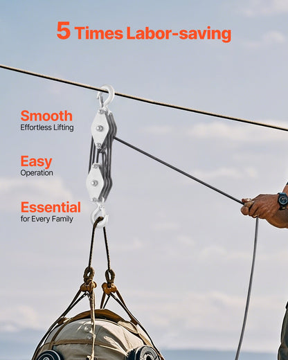 4400 lbs Breaking Strength 100 FT Rope Pulley Hoist, 5:1 Lifting Power Heavy Duty Pulley System with 2pcs Soft Loops, Metal Wheels Bearing Structure, Block and Tackle for Lifting Heavy Objects