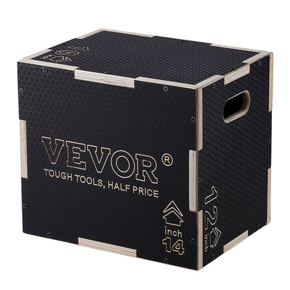 3-i-1 plyometrisk hopplåda, 16/14/12 tums träplyolåda, plattform och hoppningsagilitylåda, halkfri fitnessövningsbox för hemmagymträning, konditionsstyrketräning, svart