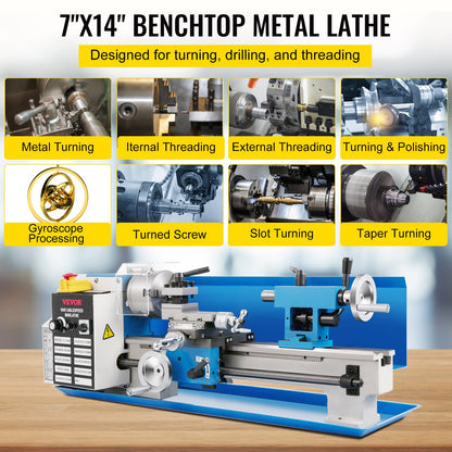 Mini Metal Lathe, 17.8 cm x 35.6 cm Benchtop Metal Lathe, 550W Variable Speed 2250RPM Metal Lathe, with 3-jaw Chuck CNC Mini Lathe Machine, Precision Mini Lathe w/Tool Box Digital Display for Metal Turning