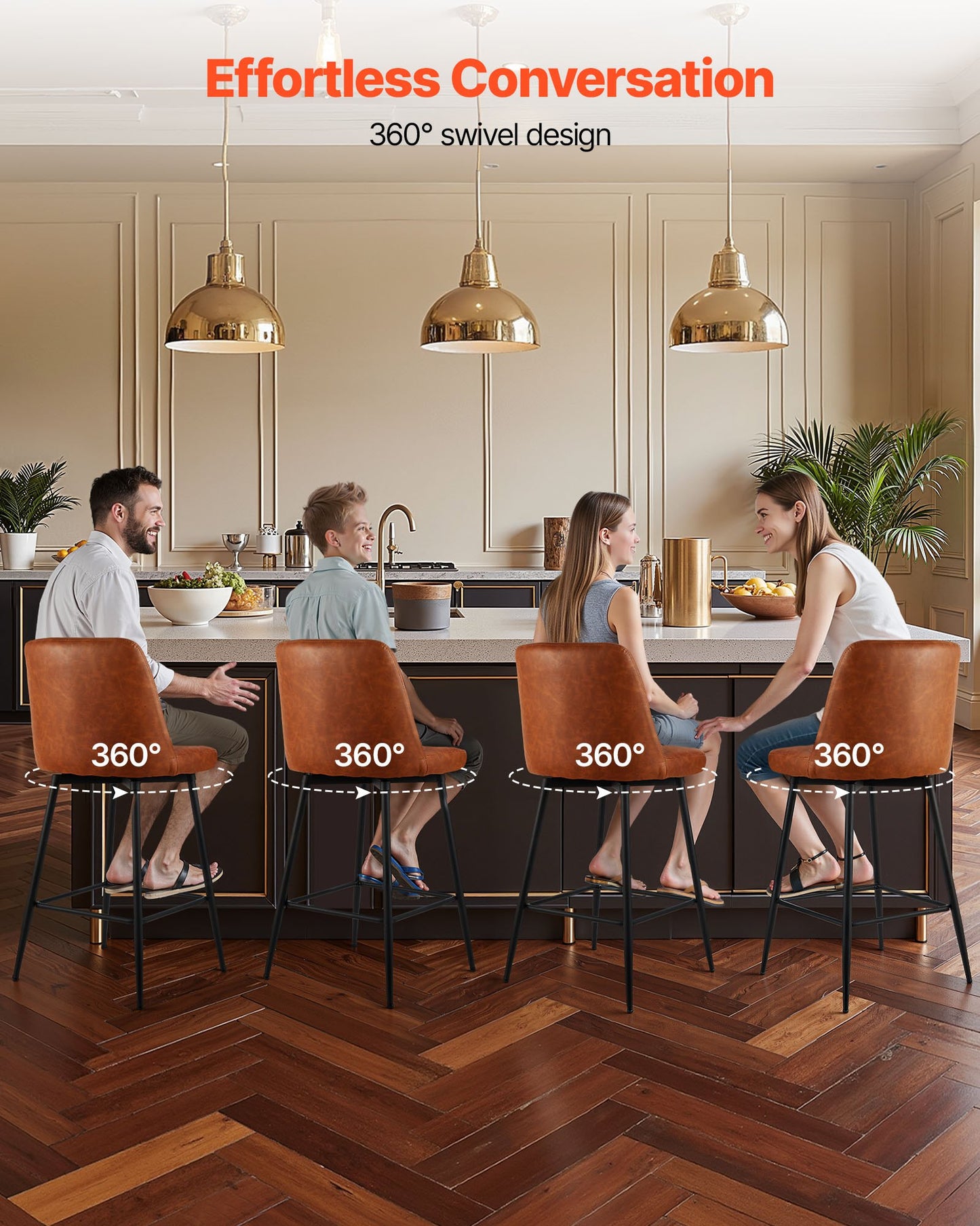 Barstolsset om 2, 69 cm höga snurrstolar, modern barstol i PU-läder med ryggstöd och metallben, armstödslös barstol, barstol med köksö och matsal, brun